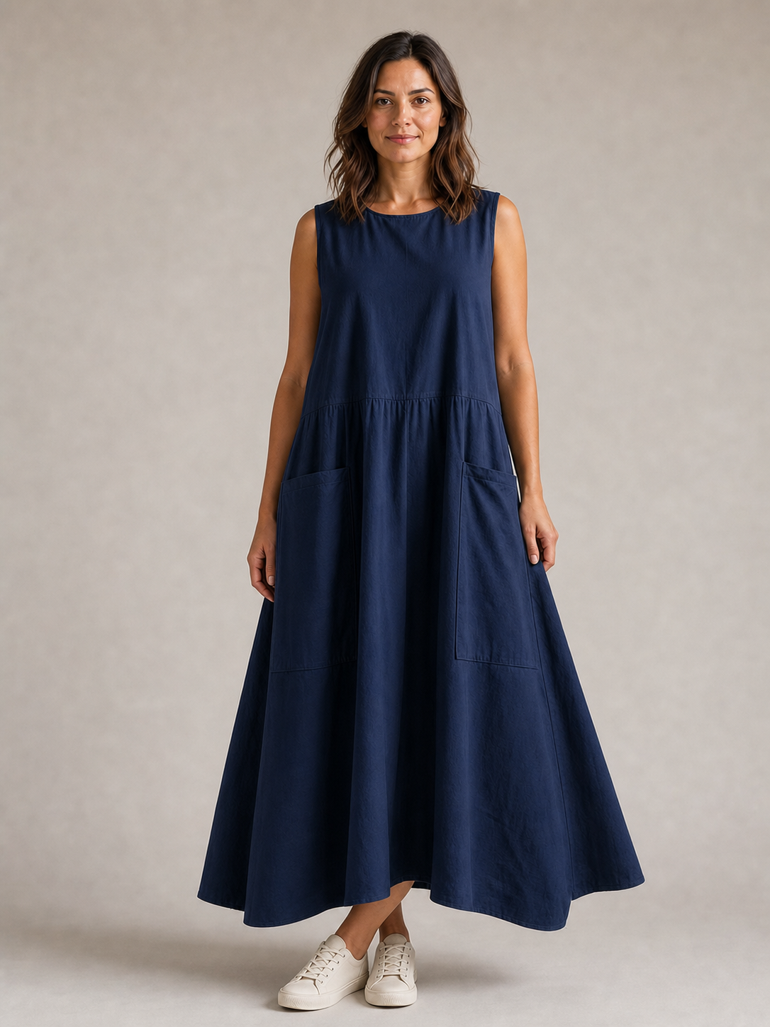 Women's navy sleeveless utility pocket maxi dress
