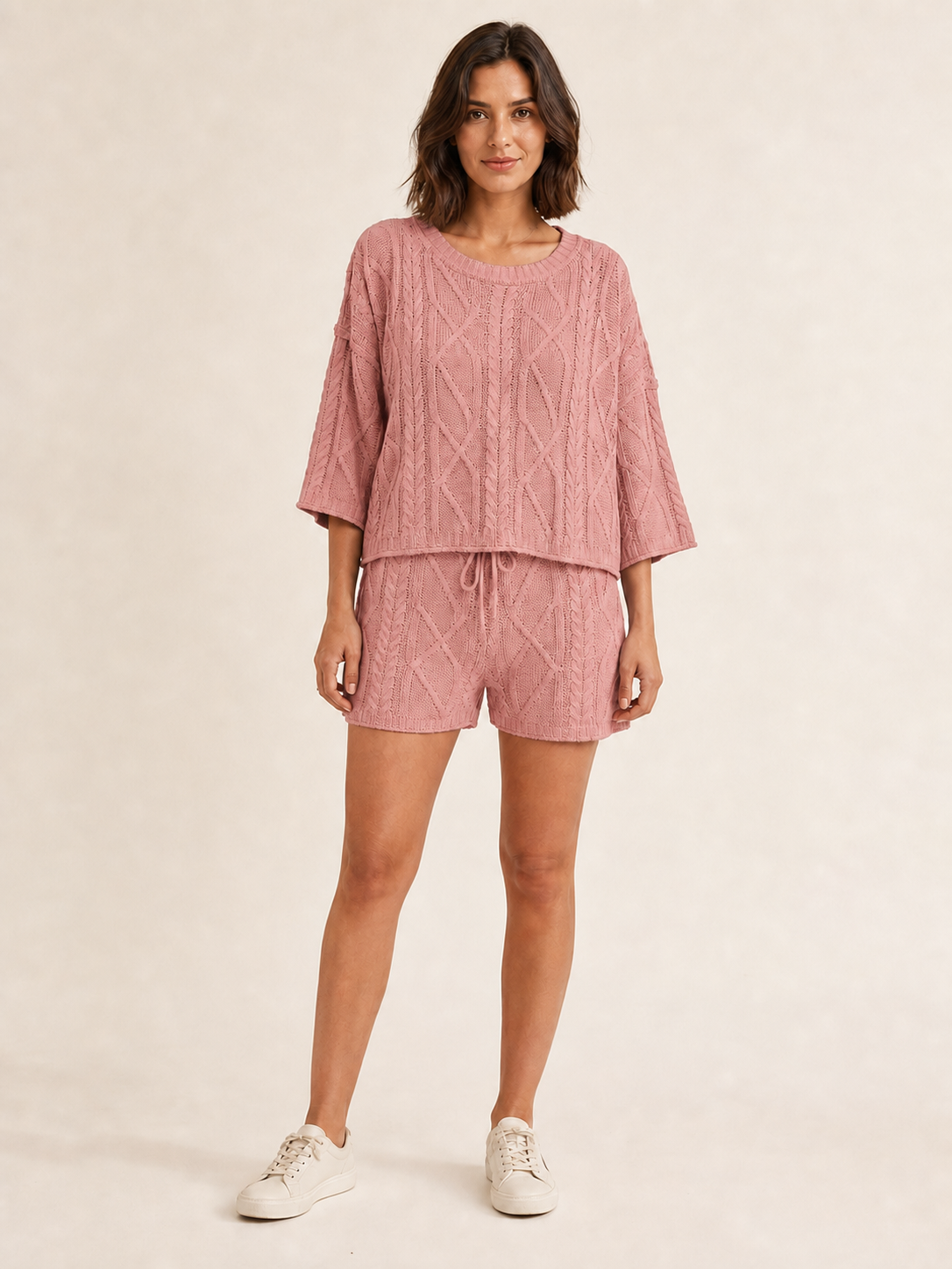 Women's dusty rose openwork cable-knit top and shorts set