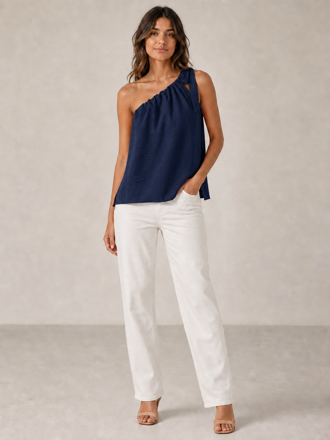 Women's deep navy one-shoulder tie loose top