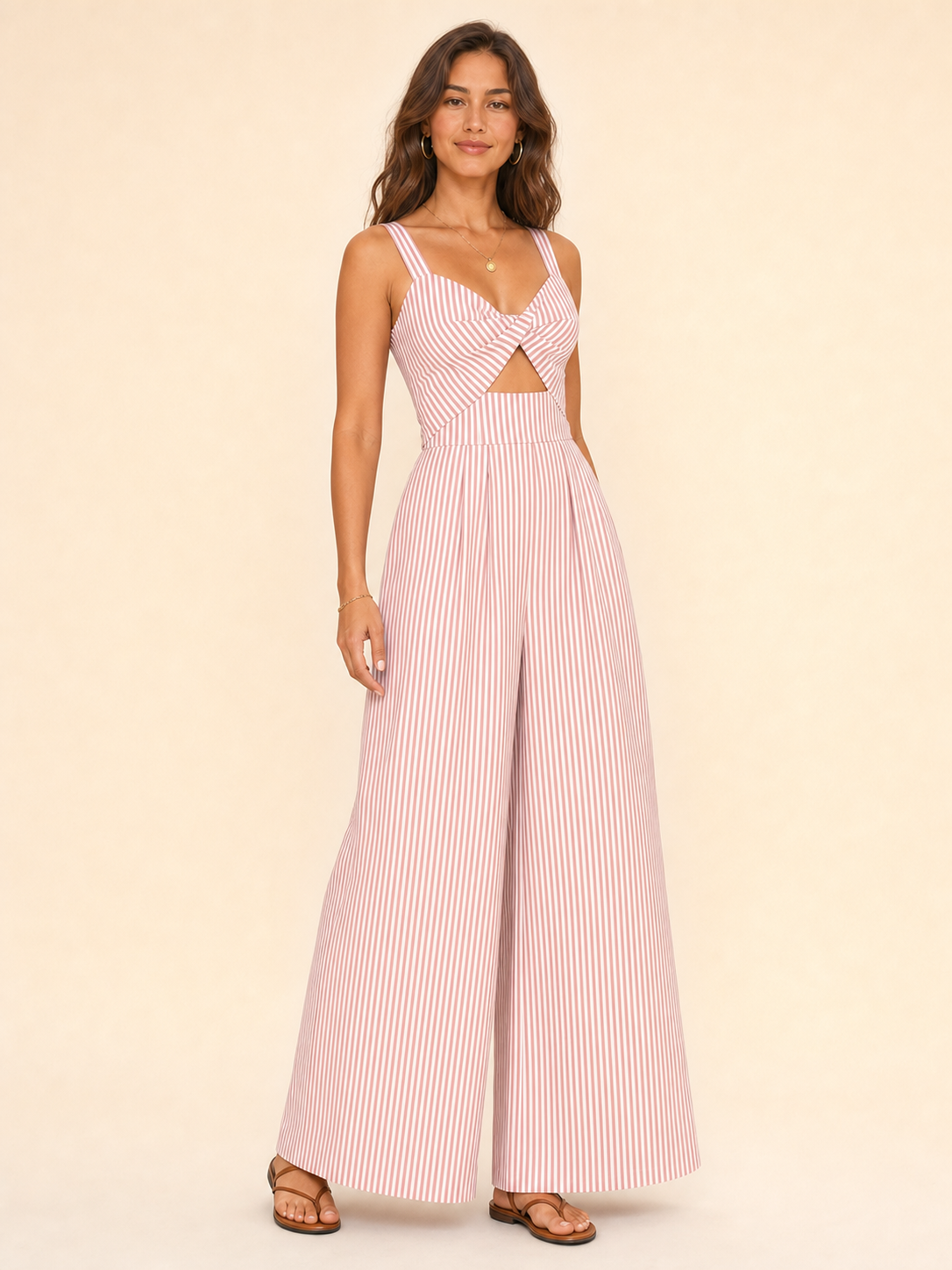 Women's dusty rose and white striped wide-leg jumpsuit