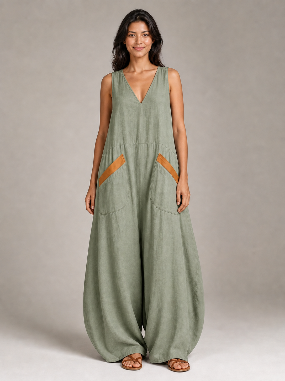 Women's contrast-pocket wide-leg jumpsuit in sage green