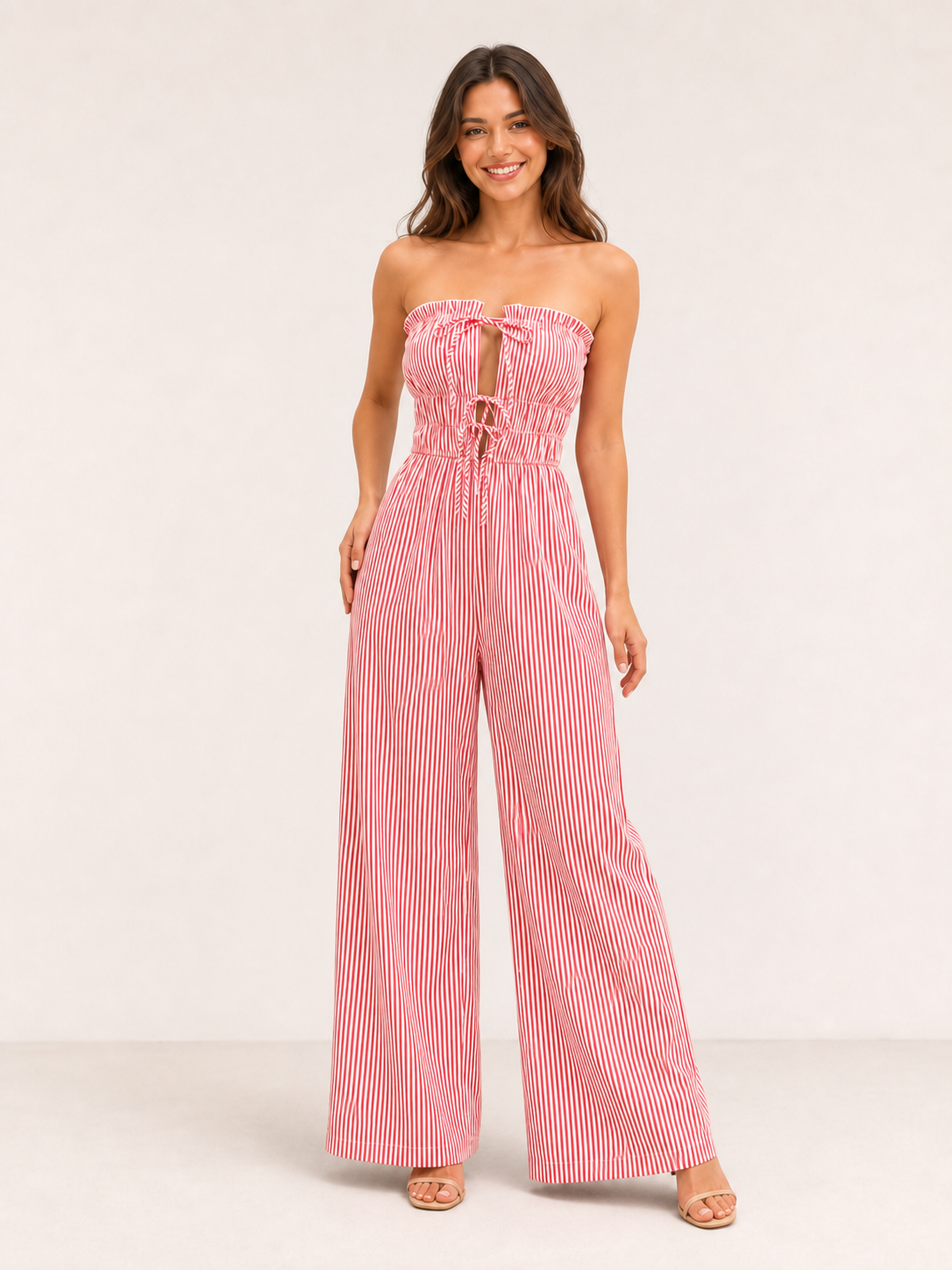 Women's red and white striped strapless wide-leg jumpsuit