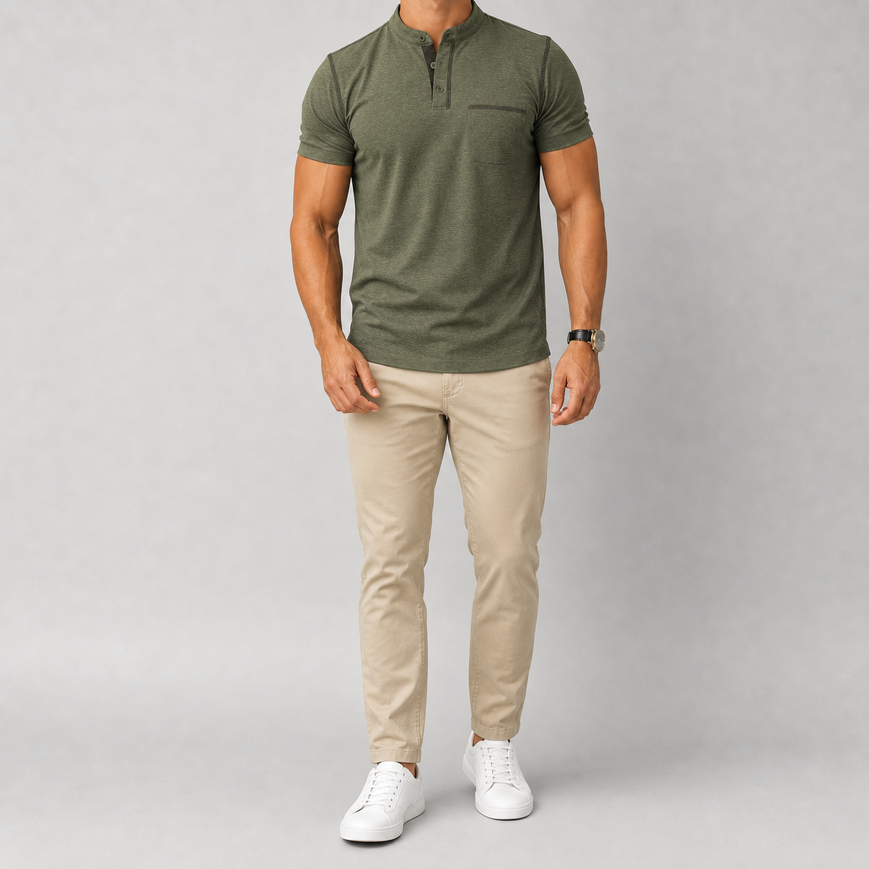 Men's olive green short sleeve Henley shirt