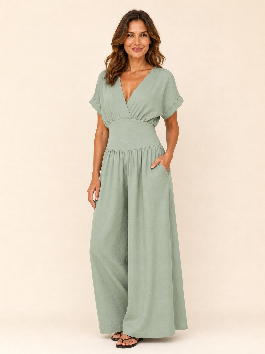 Women's sage green surplice wide-leg jumpsuit