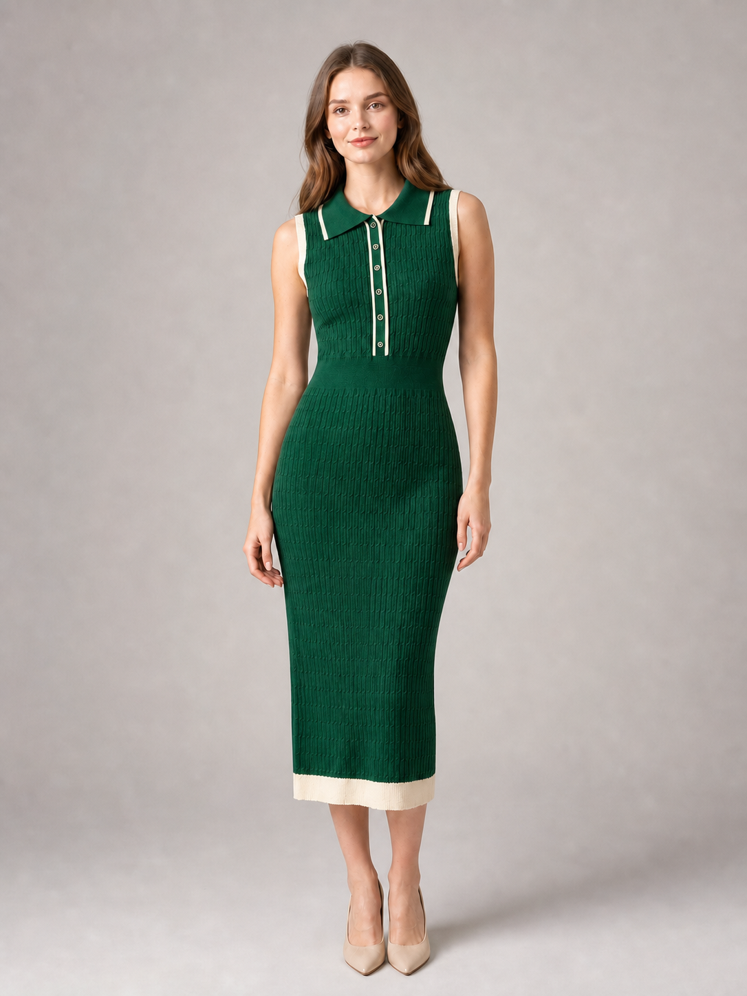 Women's emerald and ivory sleeveless knit polo midi dress