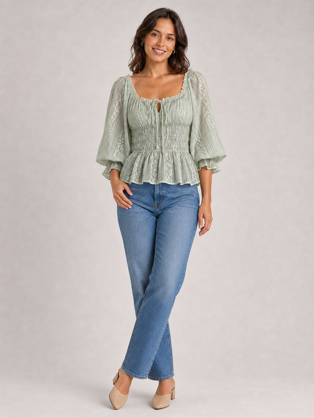 Women's sage green square-neck smocked-waist lace blouse