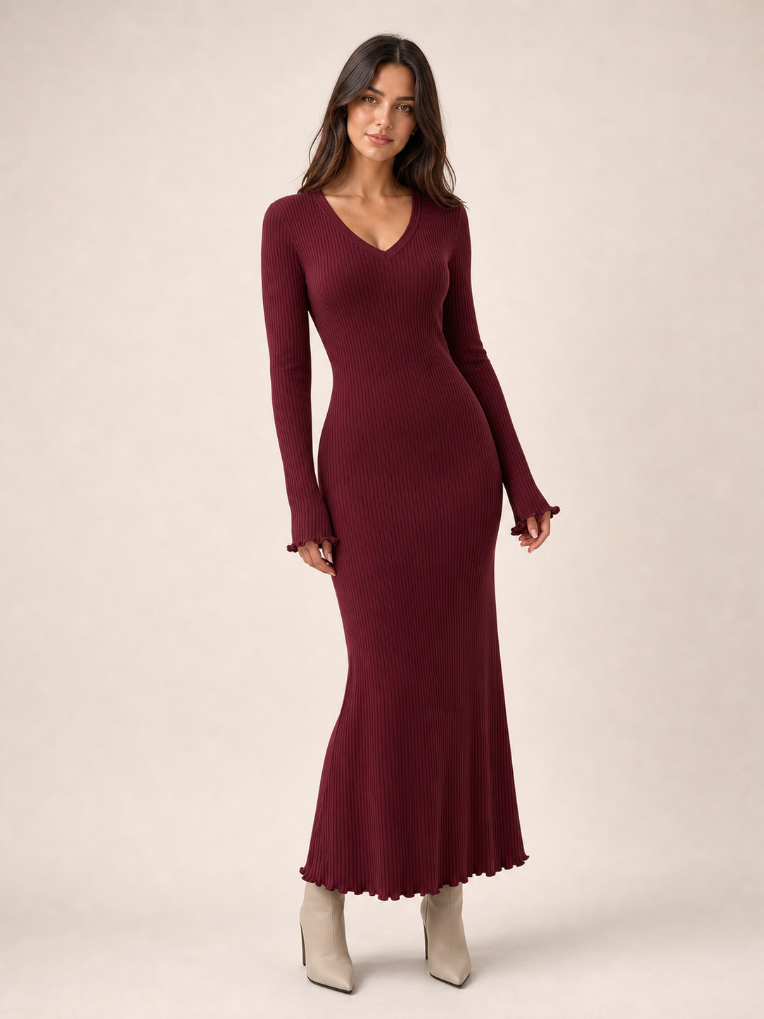 Women's burgundy ribbed V-neck fitted maxi dress