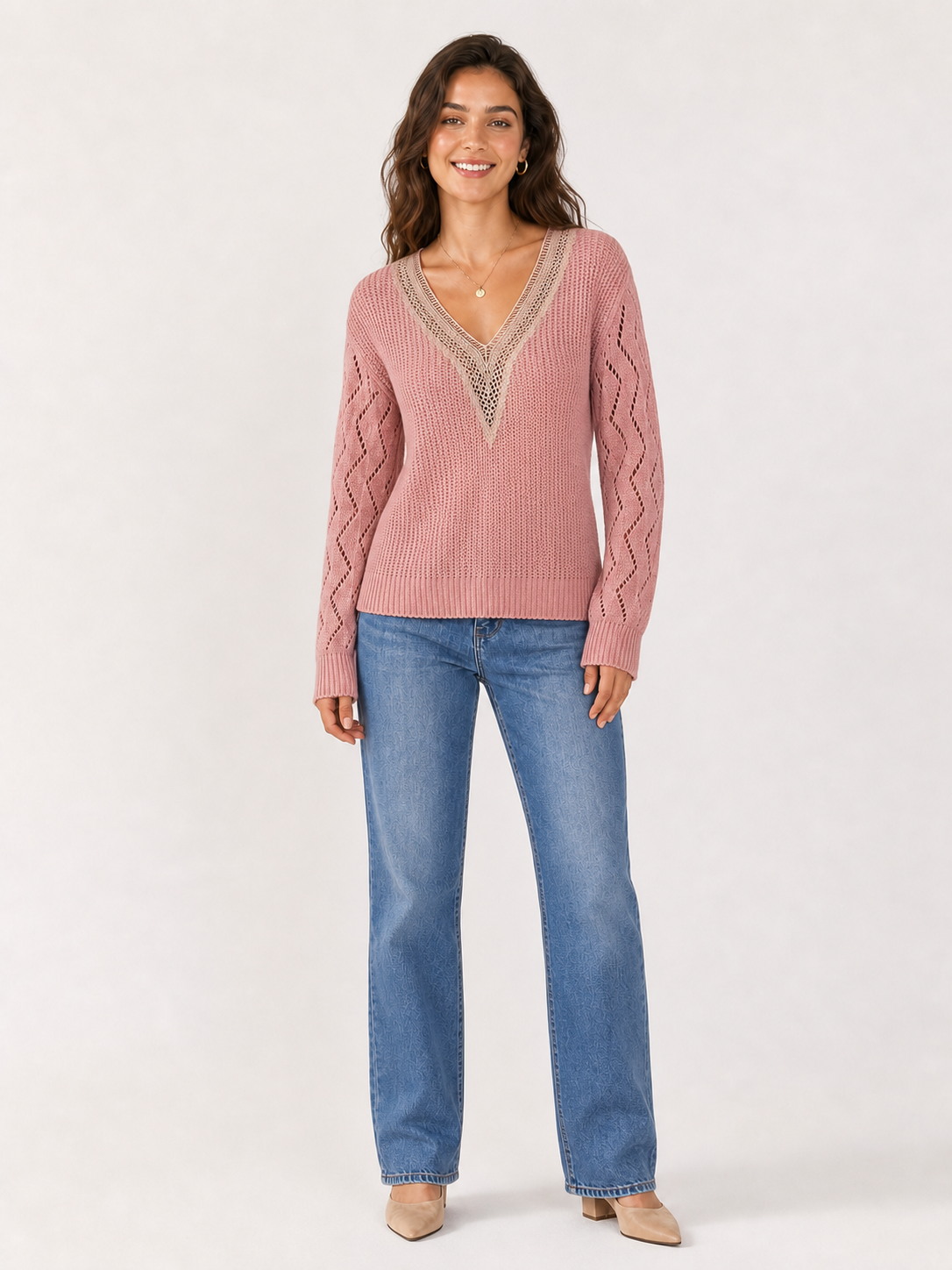 Women's openwork crochet V-neck knit top in dusty rose