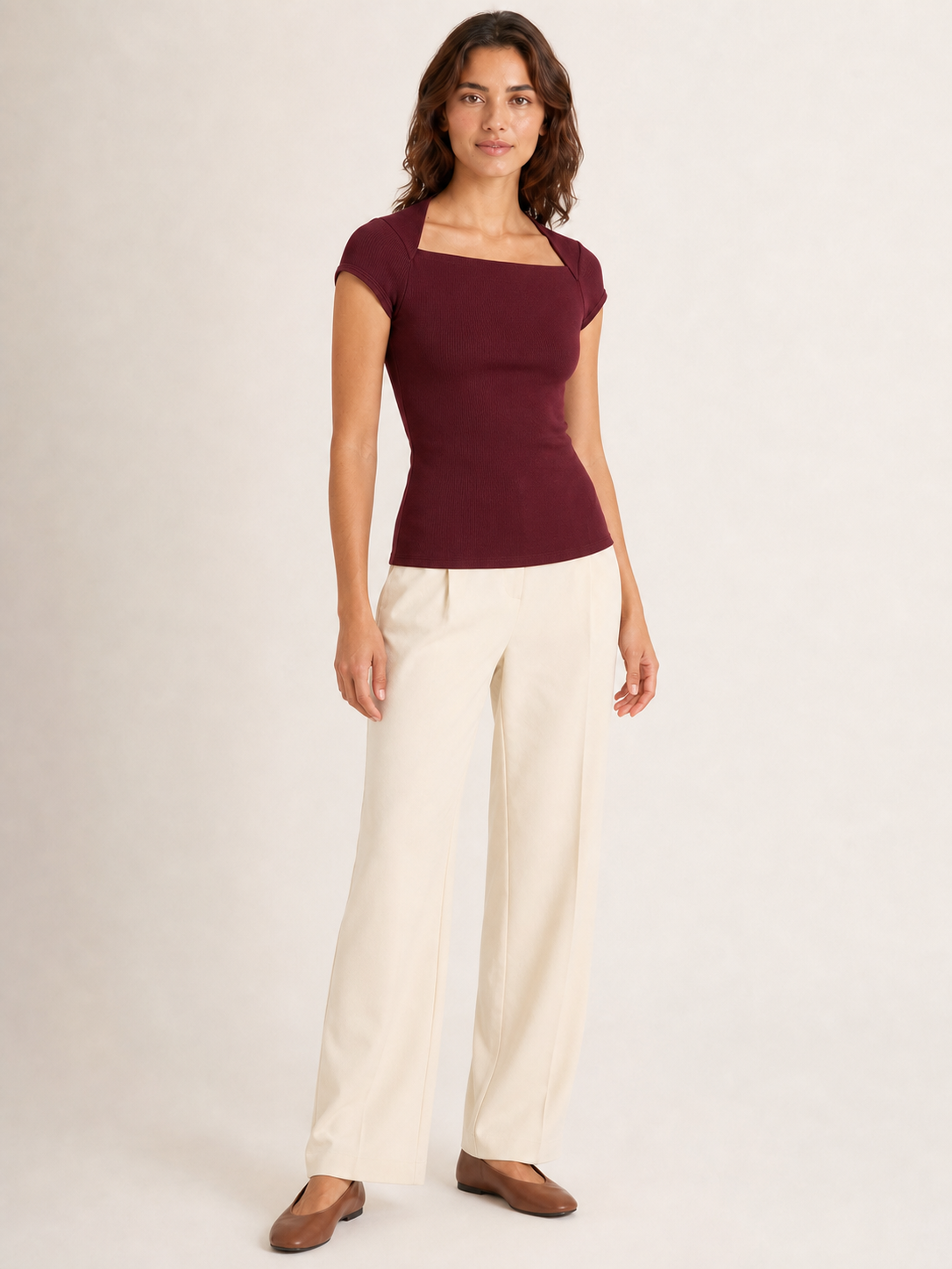 Women's burgundy square-neck fitted top