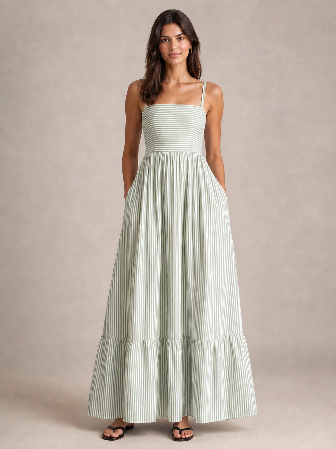 Women's sage-white striped tiered maxi dress