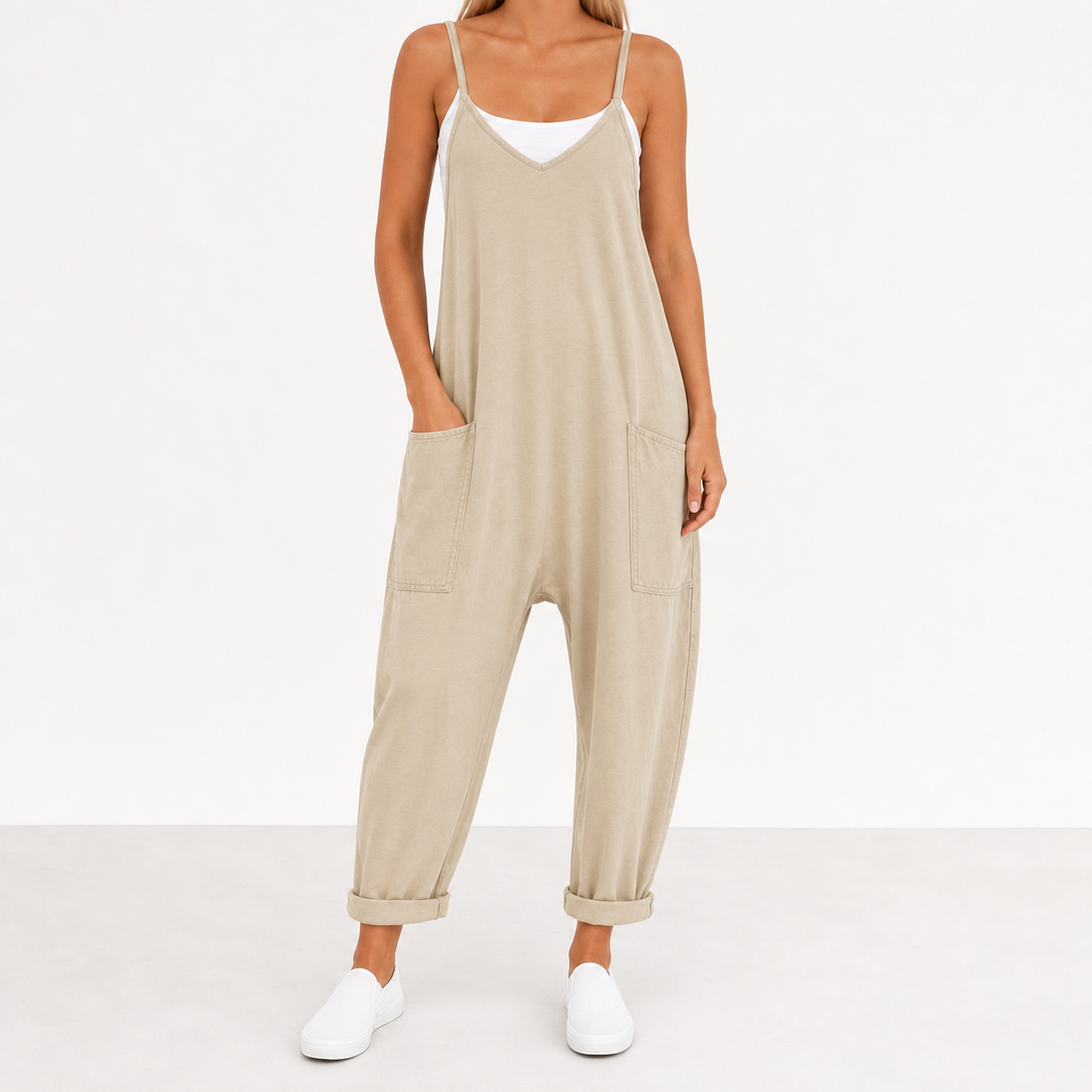 Women's warm sand relaxed pocket jumpsuit