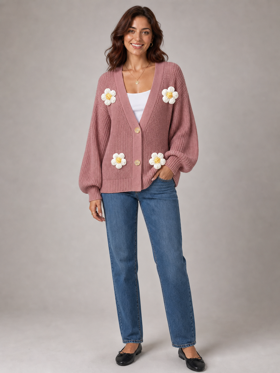 Women's daisy cardigan in dusty rose