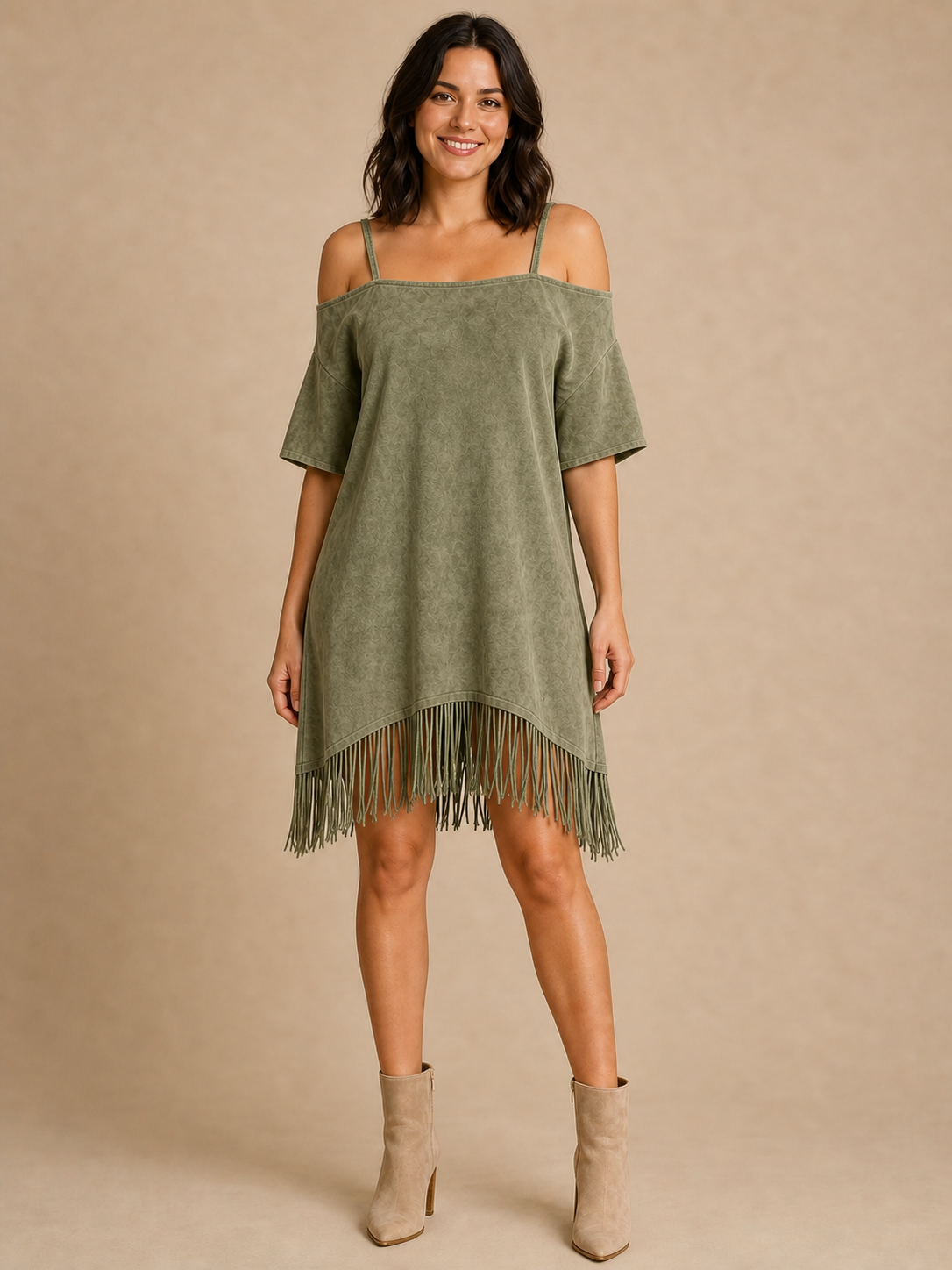 Women's olive green washed cold shoulder fringe shift mini dress