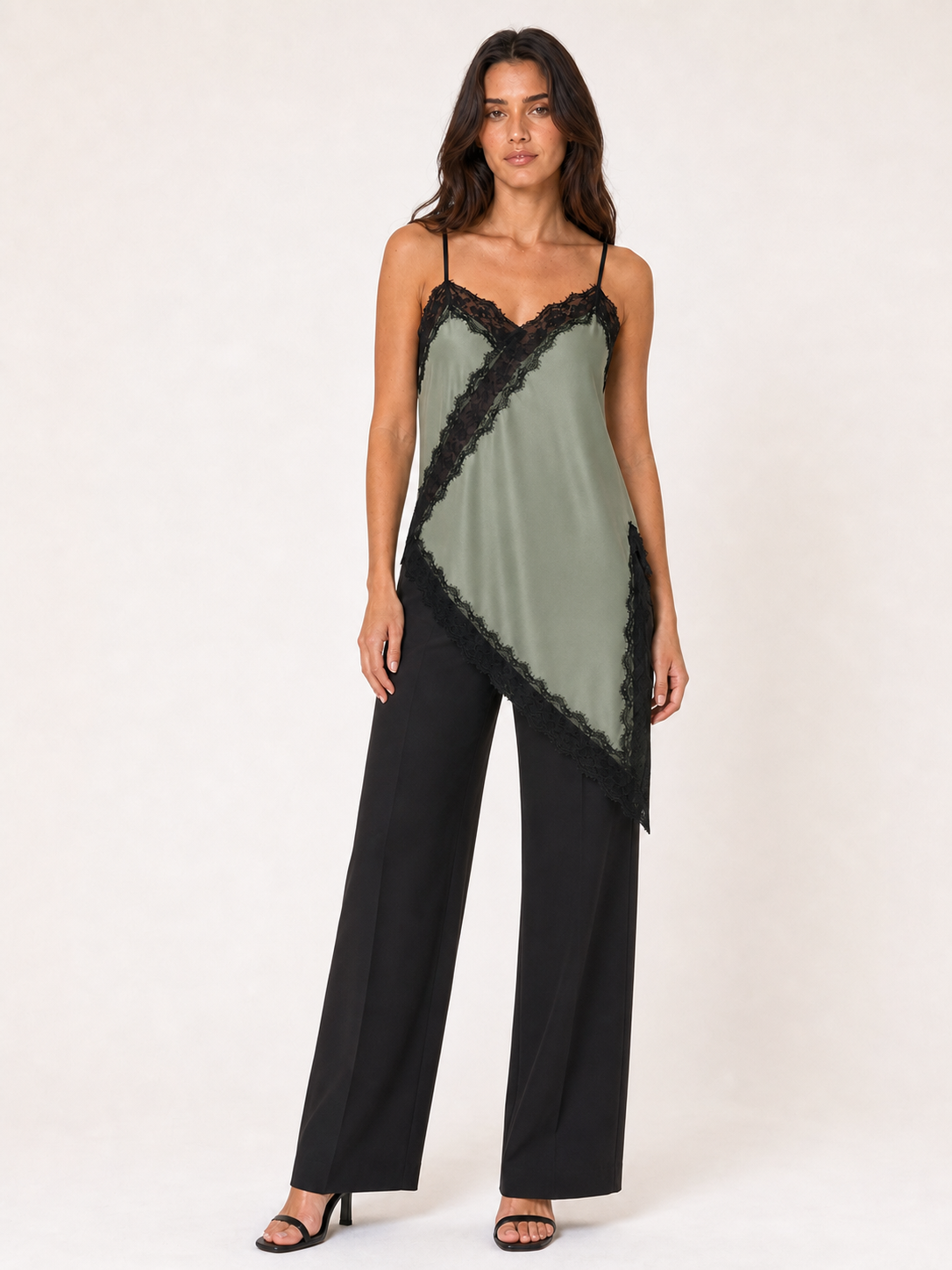 Women's sage green camisole with black contrast lace
