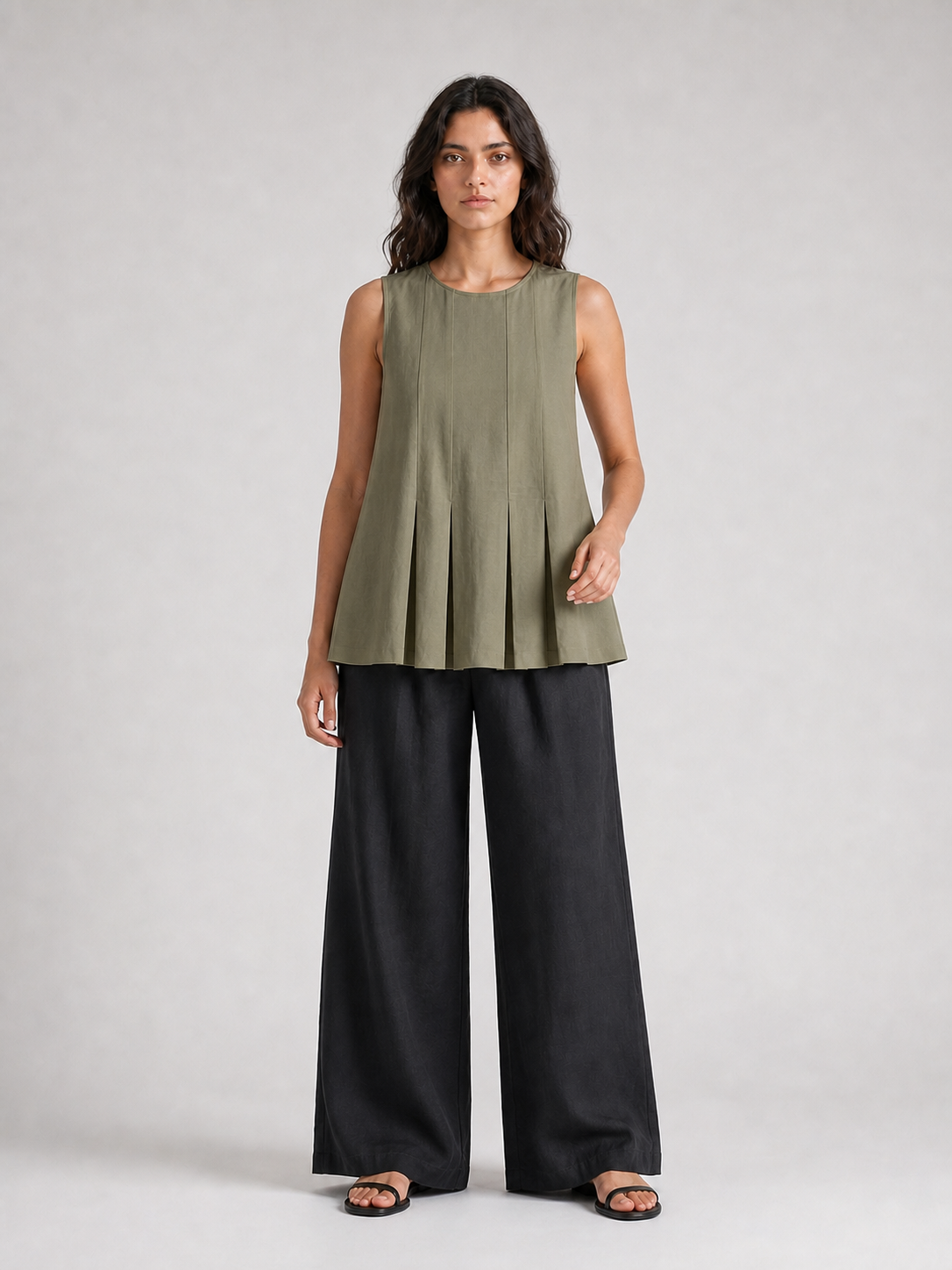 Women's olive green pleated sleeveless A-line top