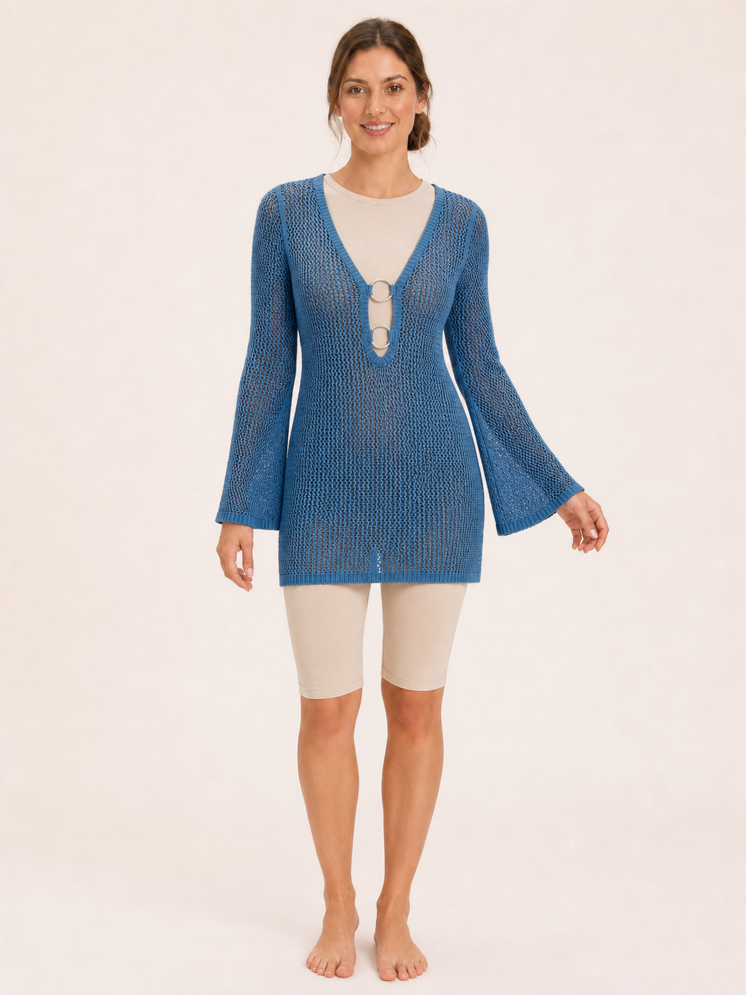 Women's ocean blue double-ring open-knit cover-up
