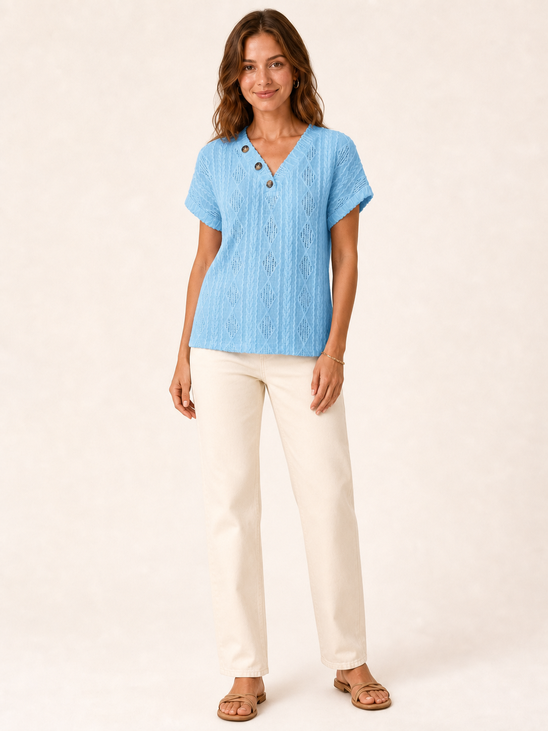 Women's openwork three-button top in sky blue