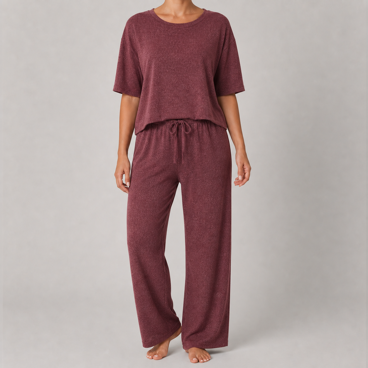 Burgundy women's relaxed top and wide-leg pants lounge set