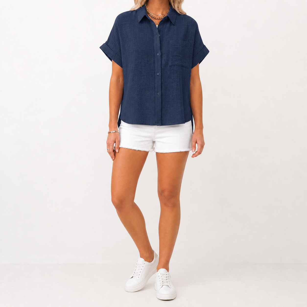 Deep navy women's textured short-sleeve button shirt