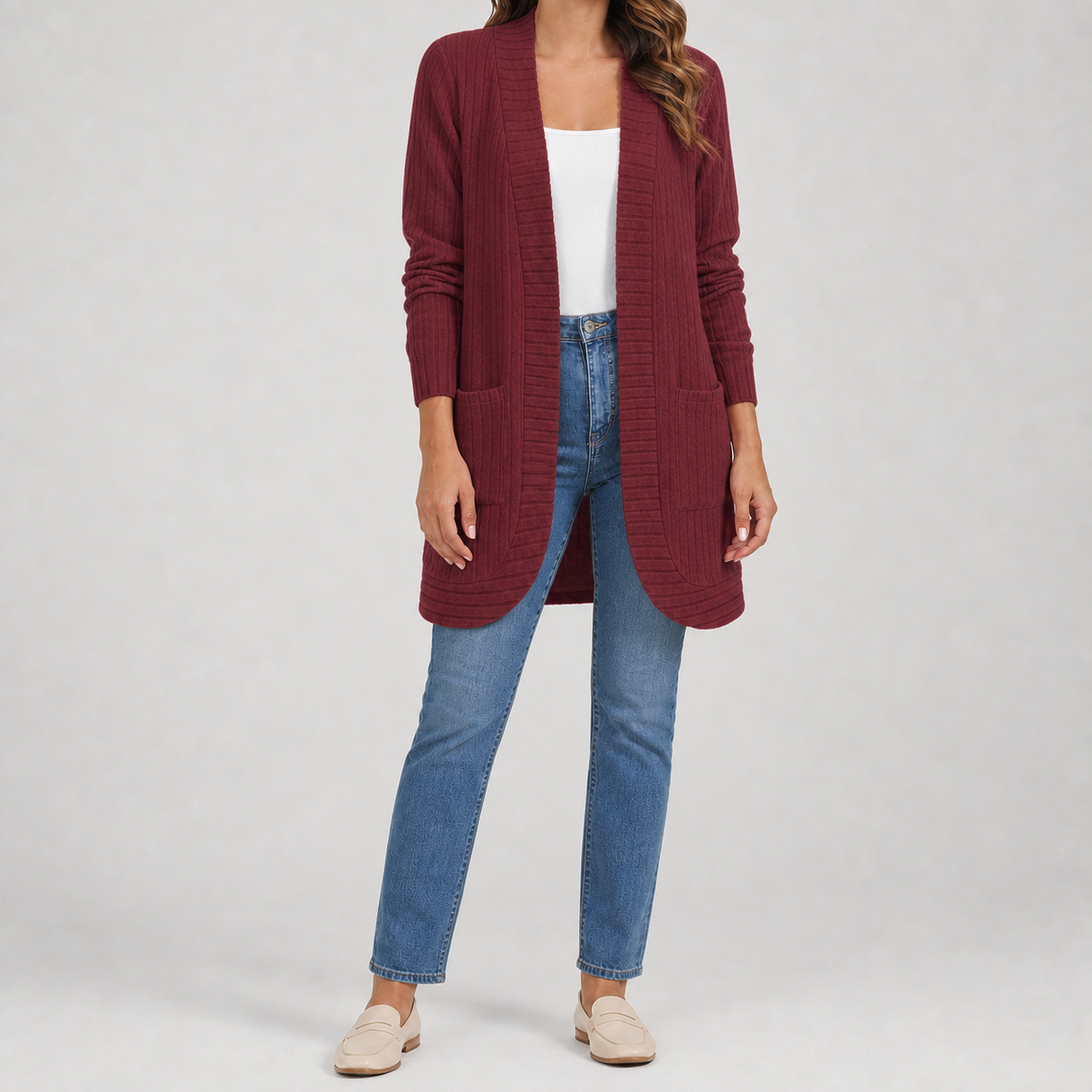 Burgundy women's ribbed open-front long cardigan
