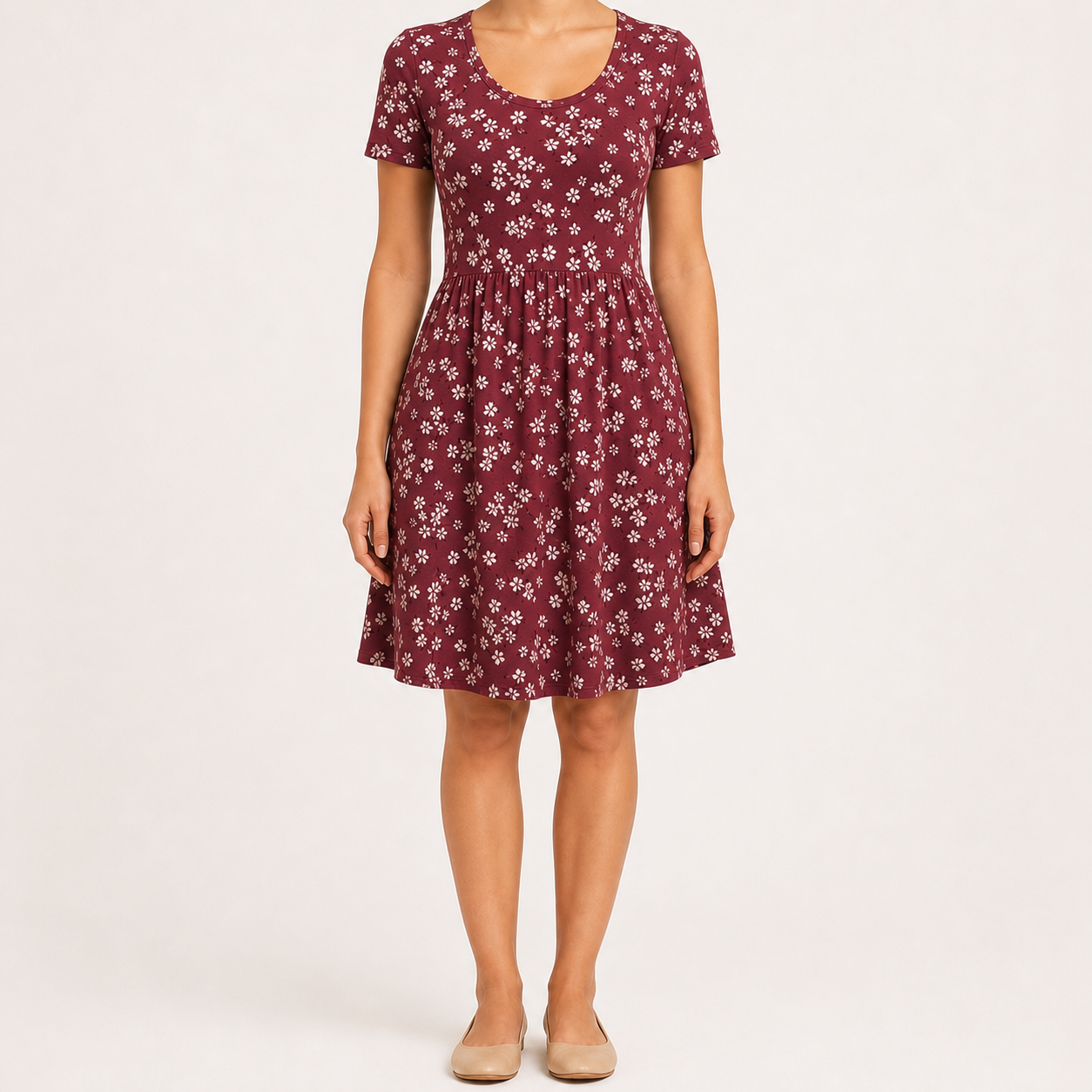 Burgundy floral scoop neck pocket dress