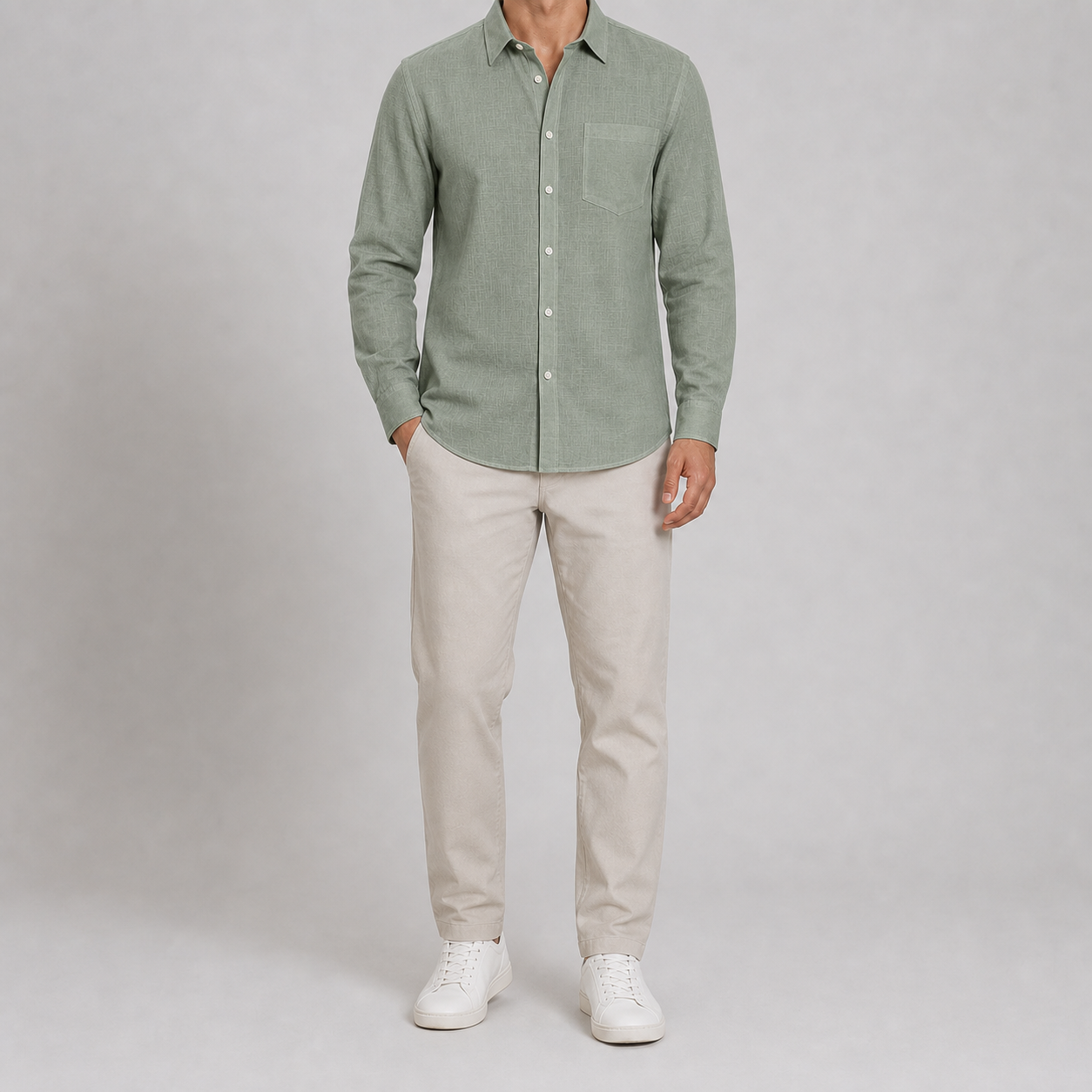 Sage green men's textured long-sleeve shirt