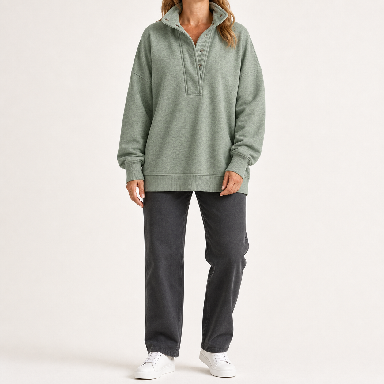 Women's sage green snap-collar relaxed pullover