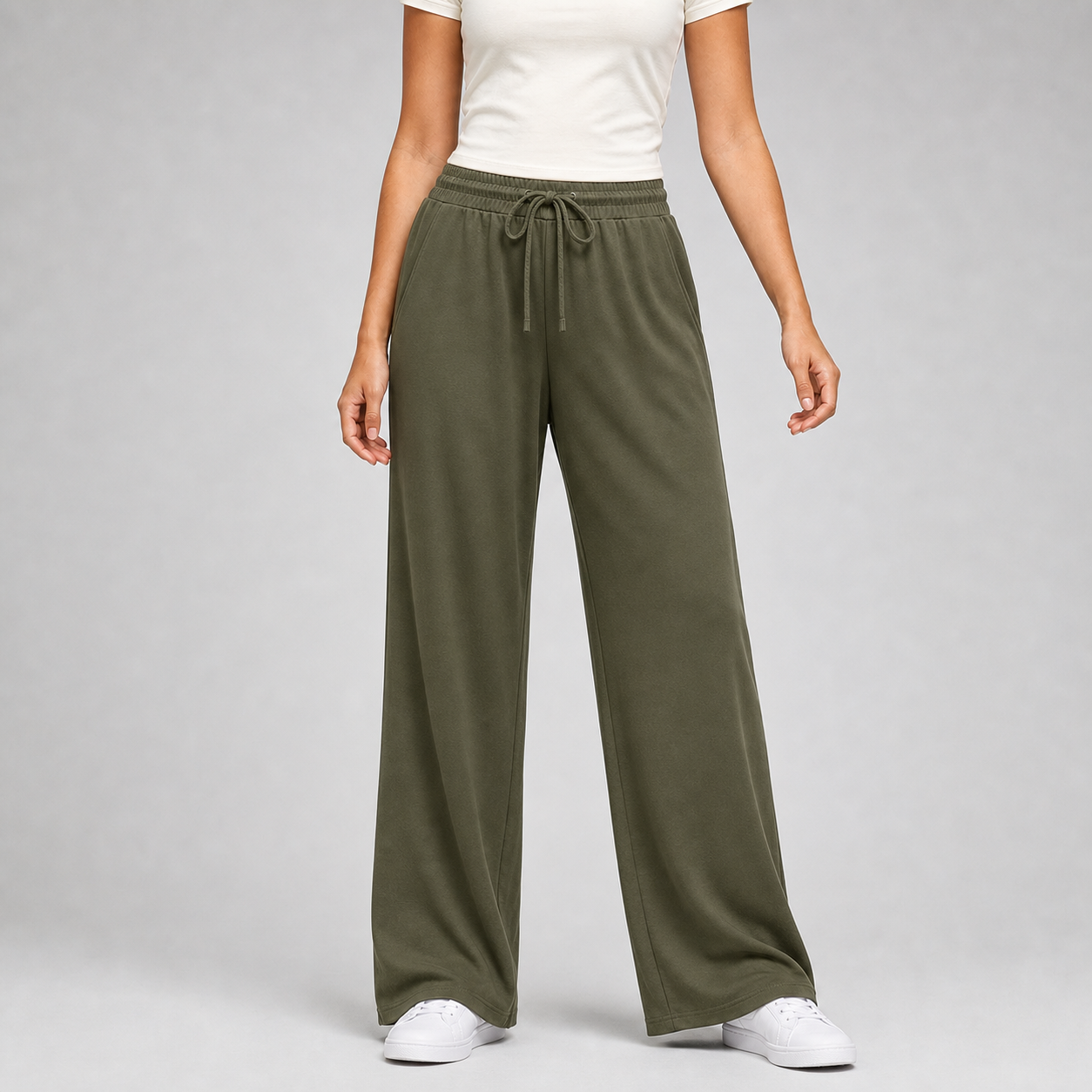 Olive green women's drawstring wide-leg pants