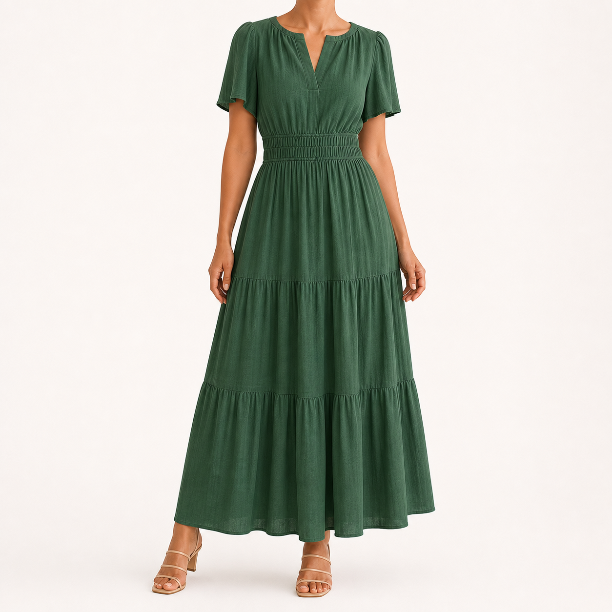 Women's forest green smocked-waist tiered maxi dress
