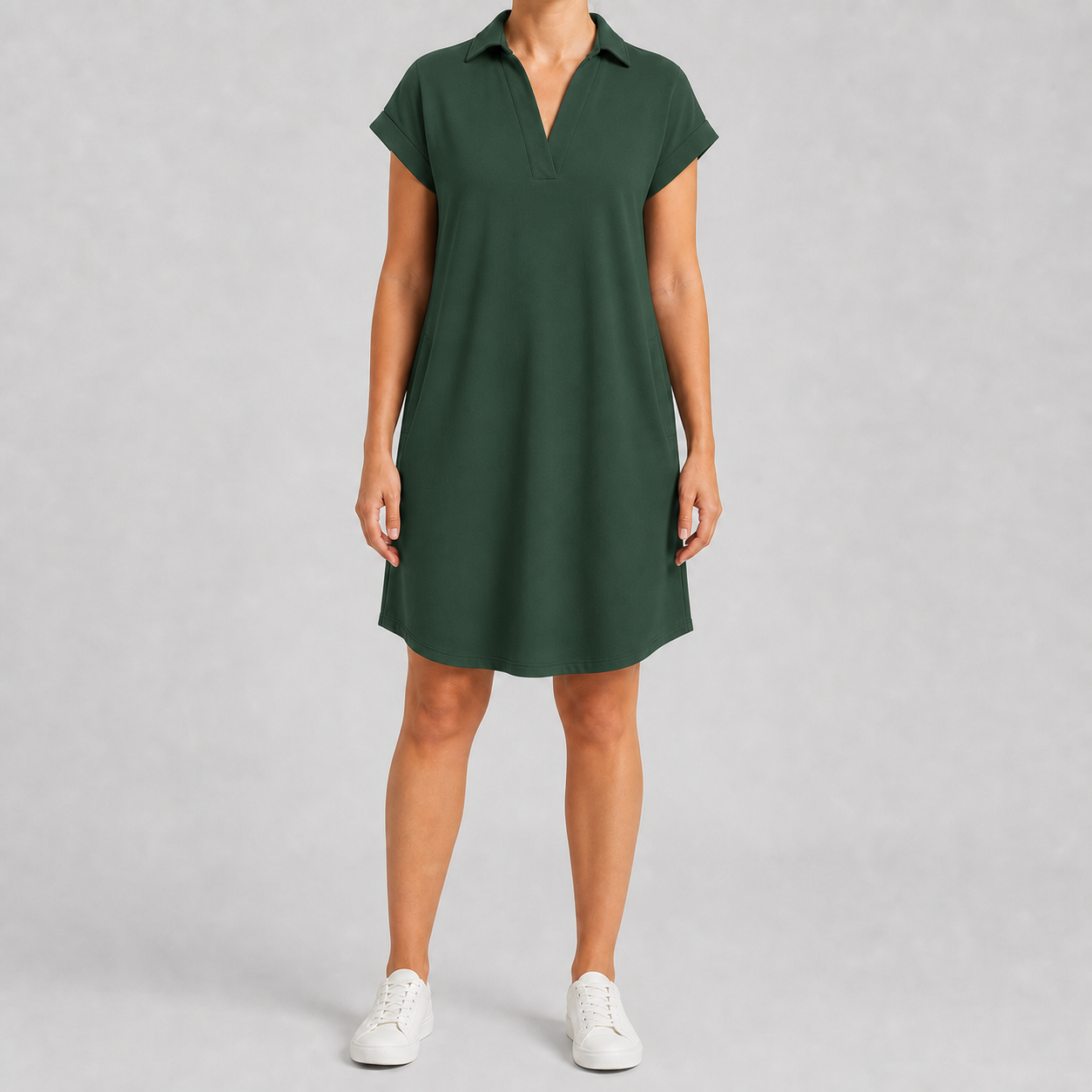 Forest green women's collared short-sleeve pocket dress