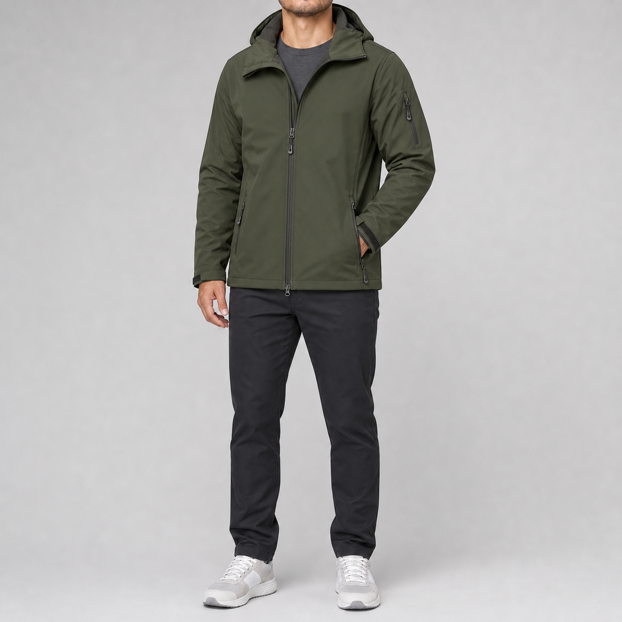 Olive green men's hooded full-zip softshell jacket