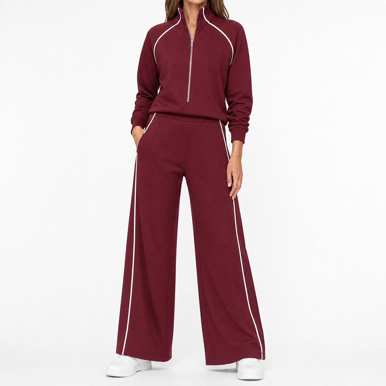 Burgundy women's piped quarter-zip wide-leg set