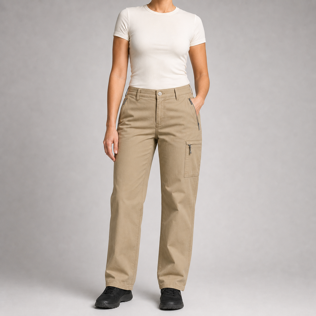 Sand khaki women's zip-pocket cargo pants