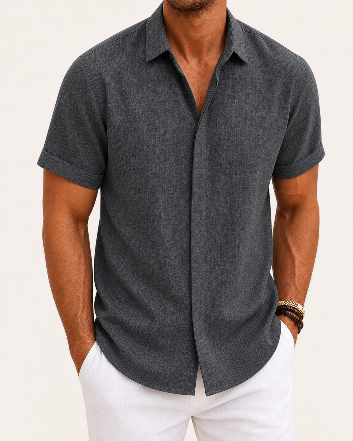Charcoal gray men's textured short-sleeve shirt