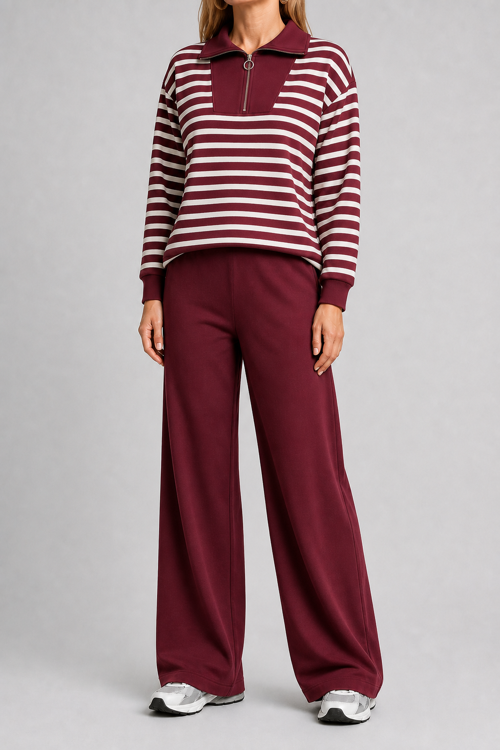Burgundy stripe women's quarter-zip wide-leg set