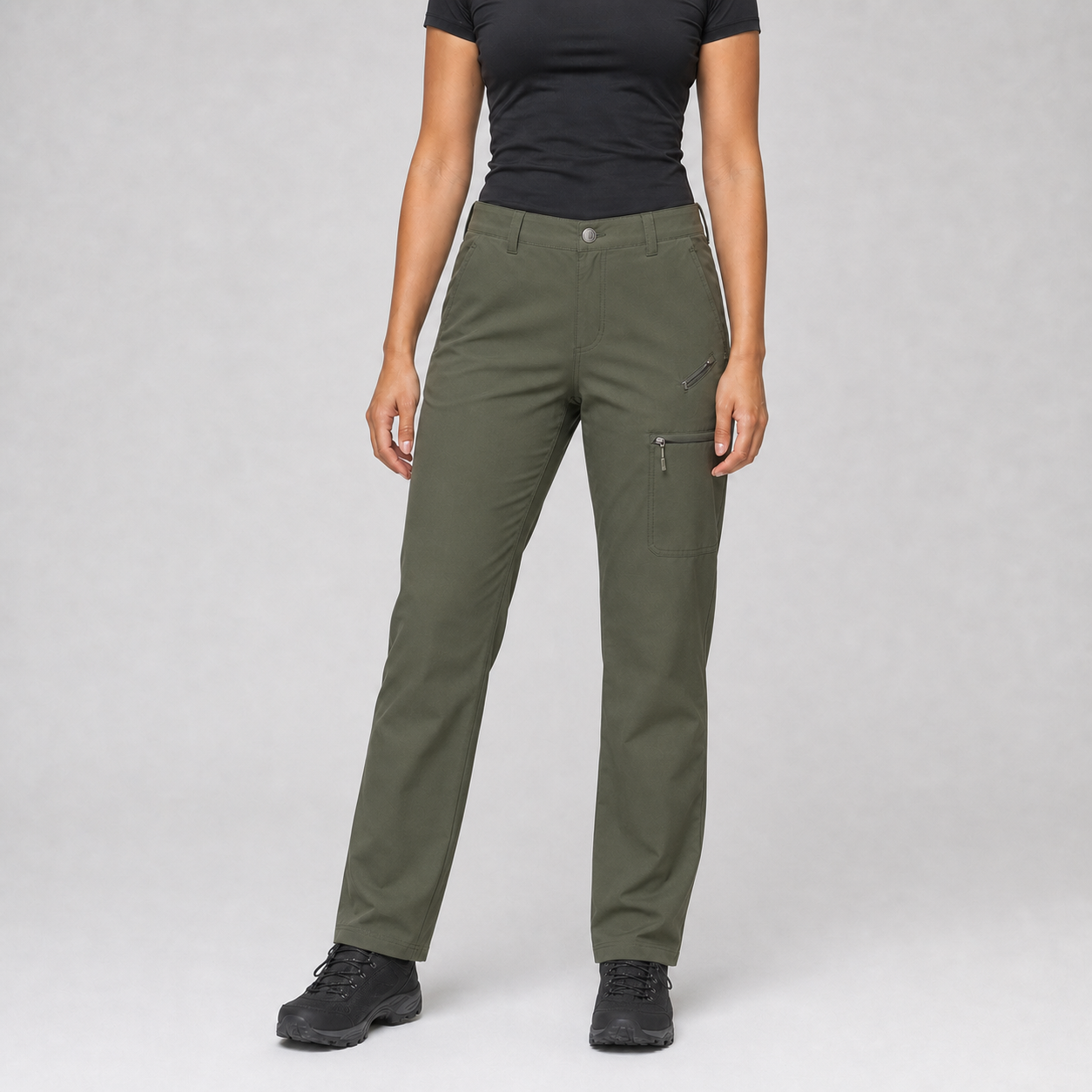 Olive green women's straight-leg cargo hiking pants