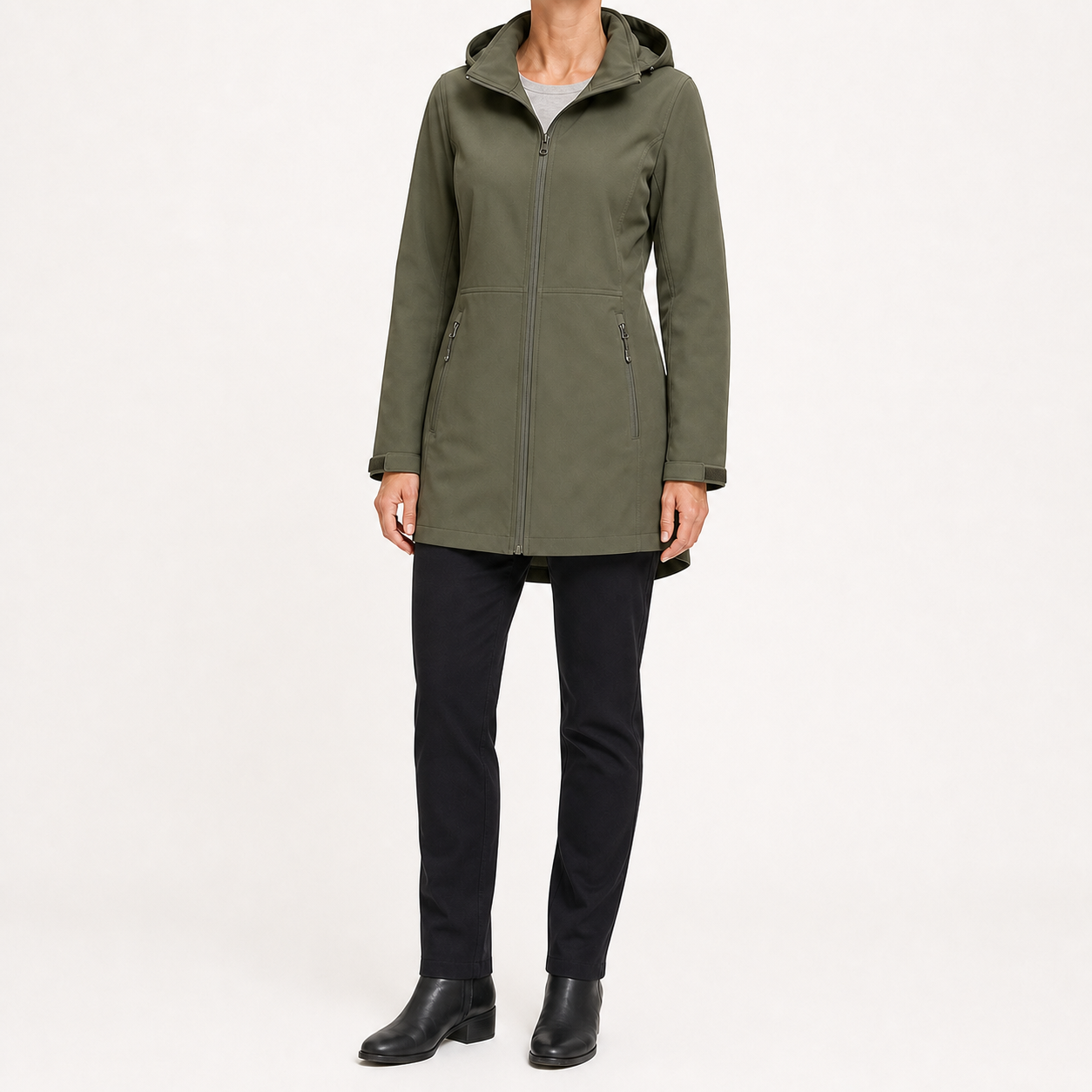 Olive green women's hooded mid-length zip jacket