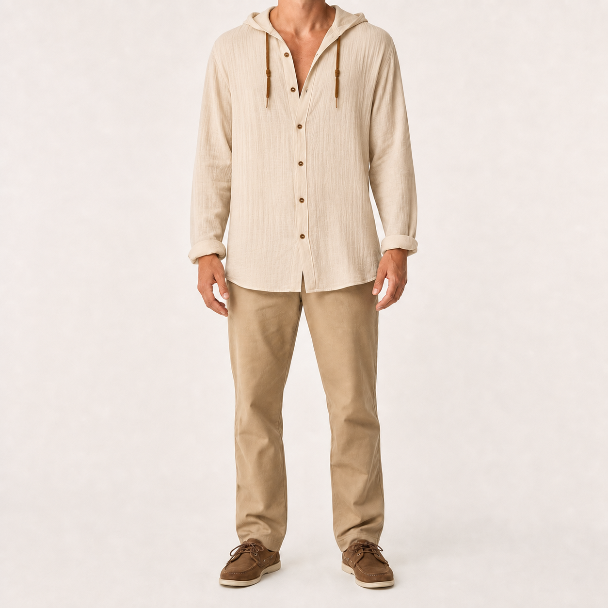 Men's hooded button shirt in warm sand beige
