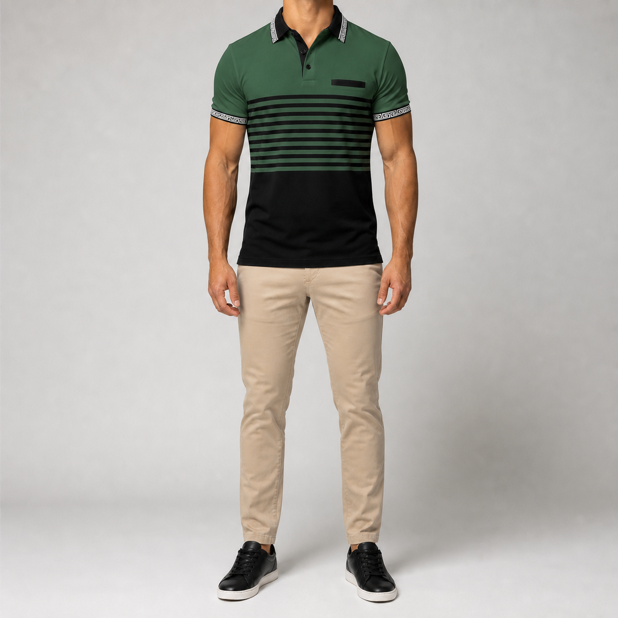 Men's forest green and black striped polo