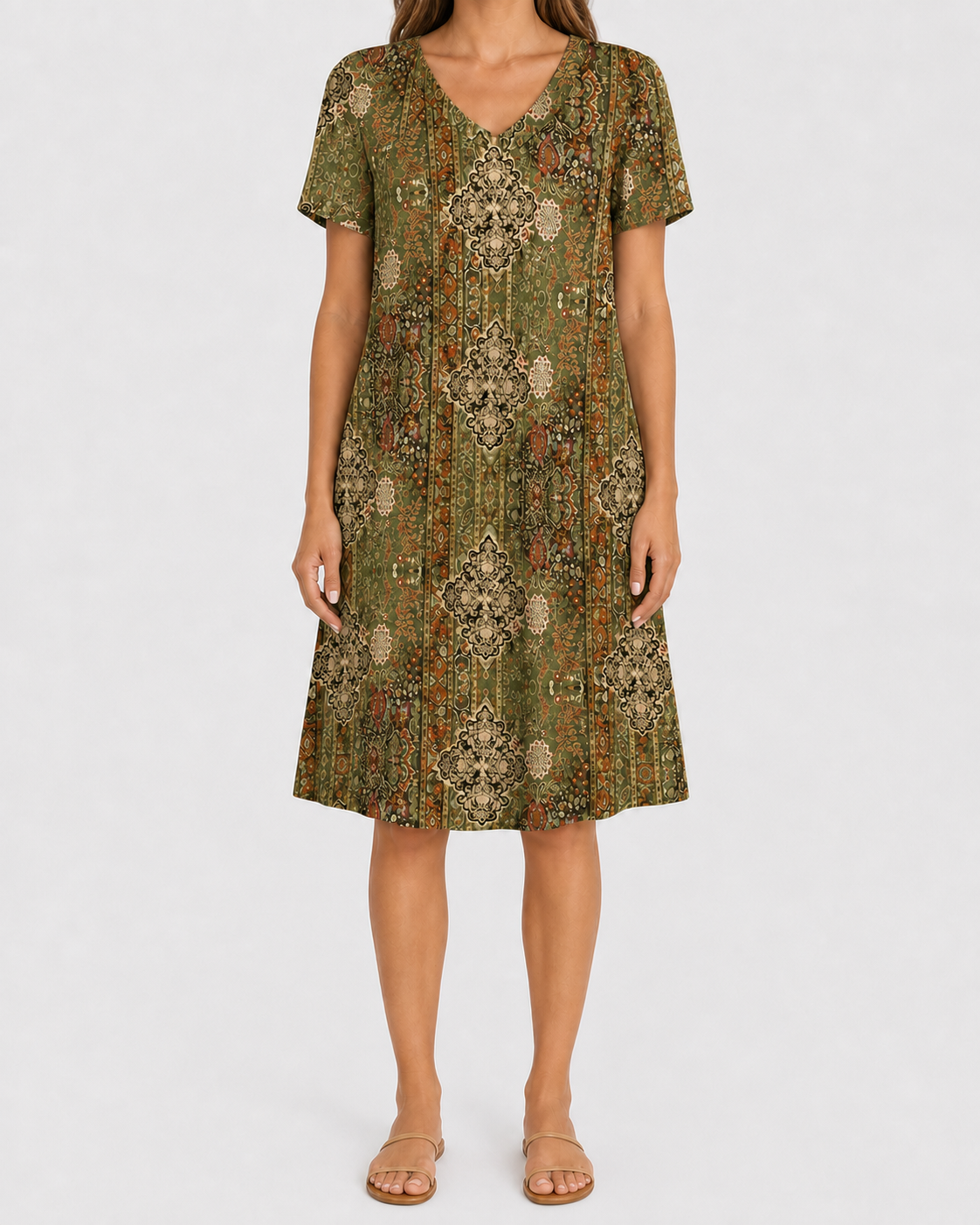 Olive green ornamental print pocket dress