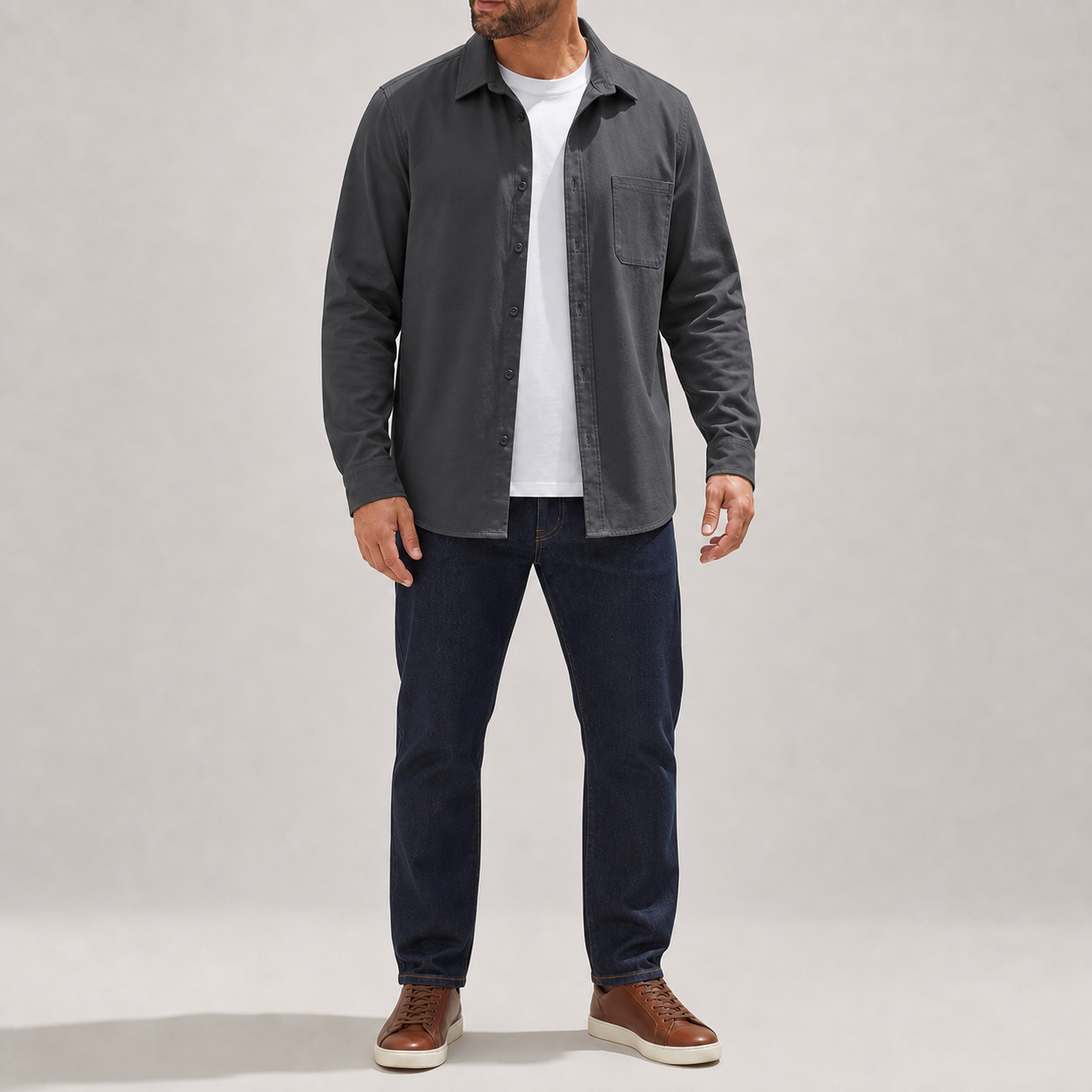 Charcoal gray men's single-pocket long-sleeve overshirt