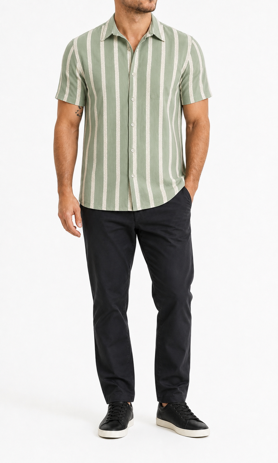 Sage and cream striped men's short-sleeve shirt