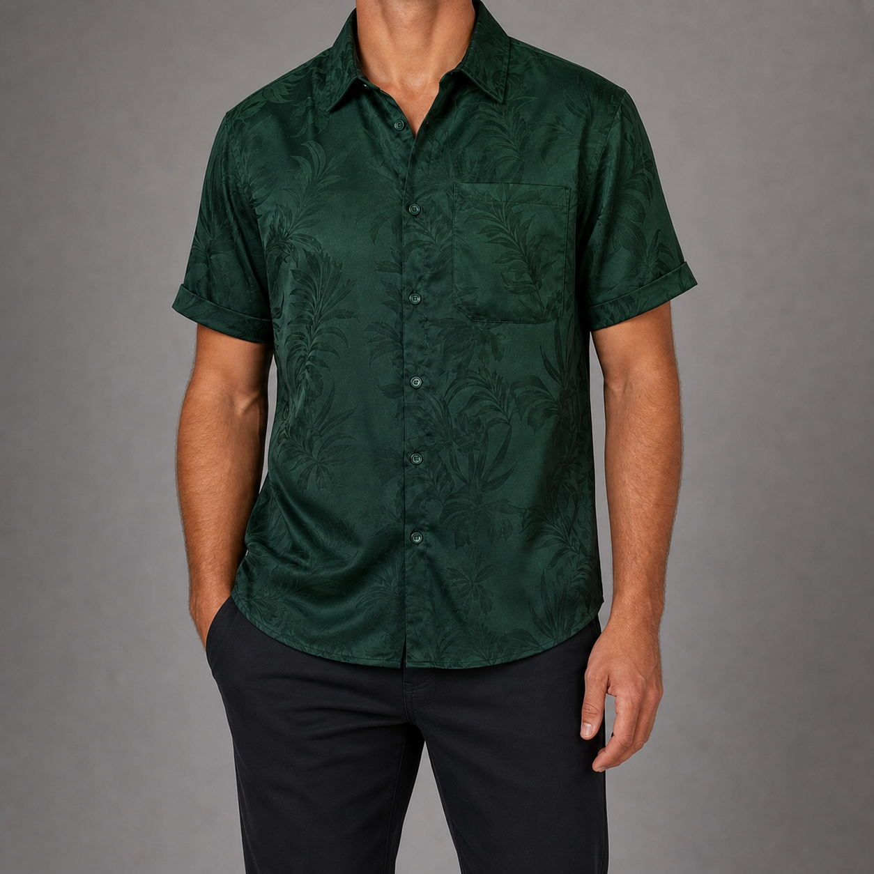 Forest green tonal floral jacquard shirt