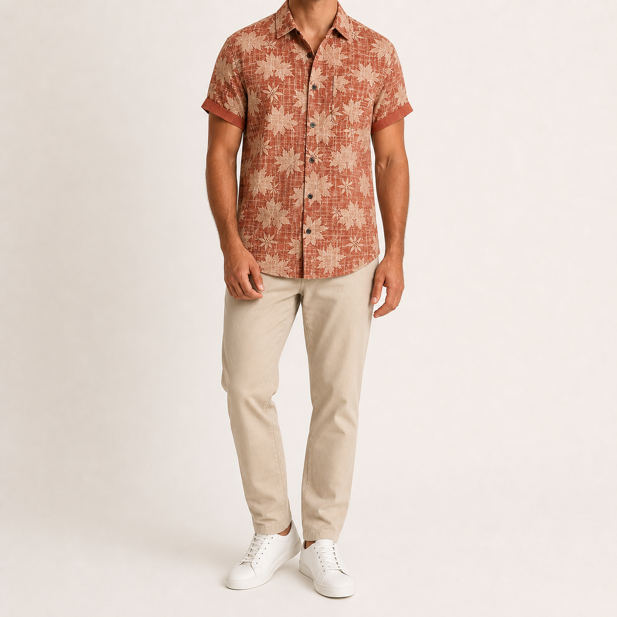 Men's rust floral camp collar shirt