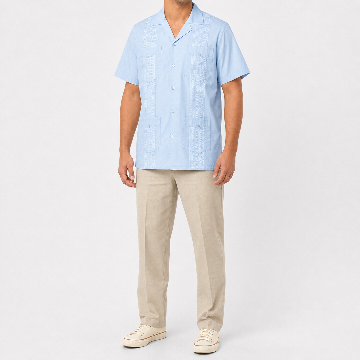 Sky blue men's four-pocket short-sleeve guayabera shirt