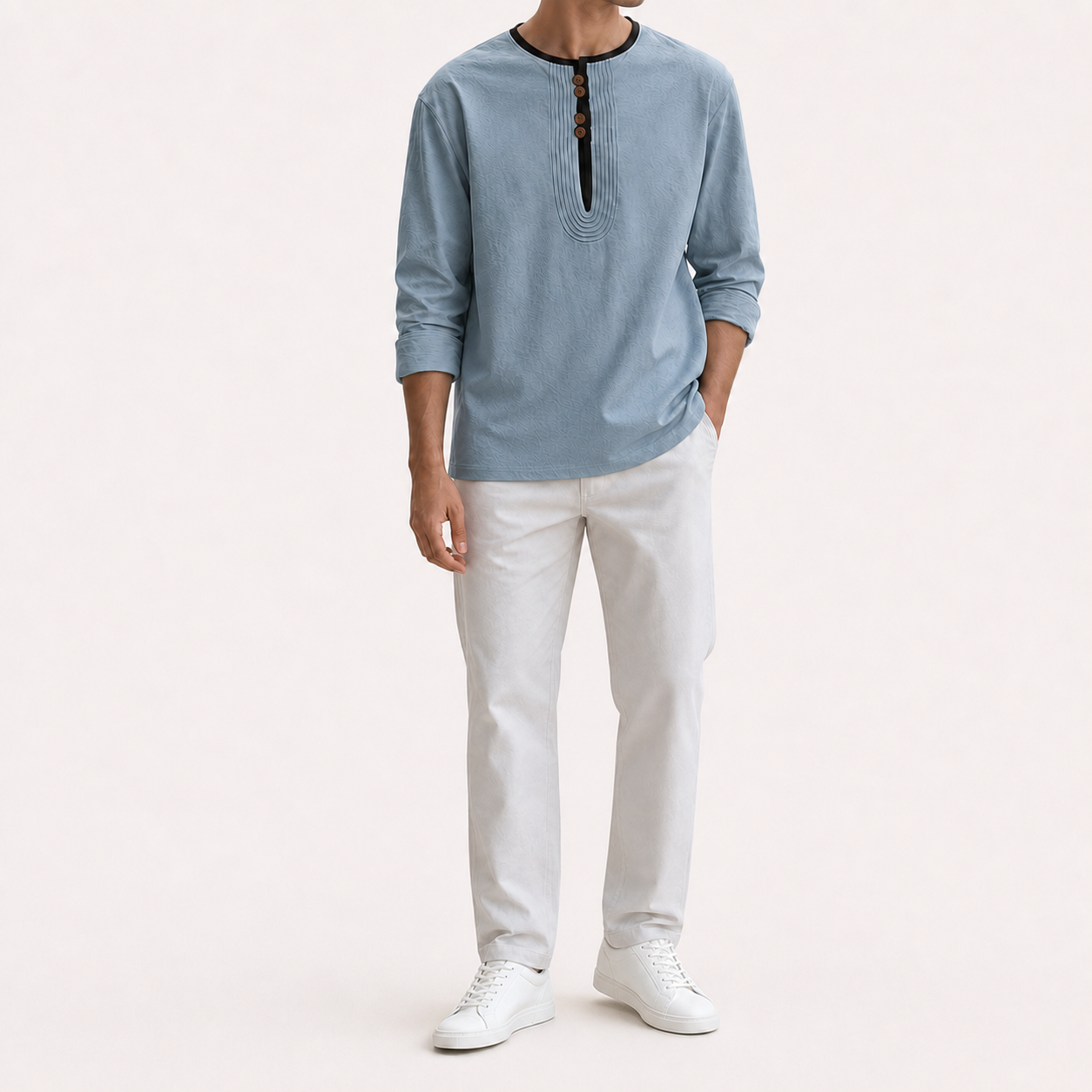 Men's dusty blue contrast trim long sleeve Henley