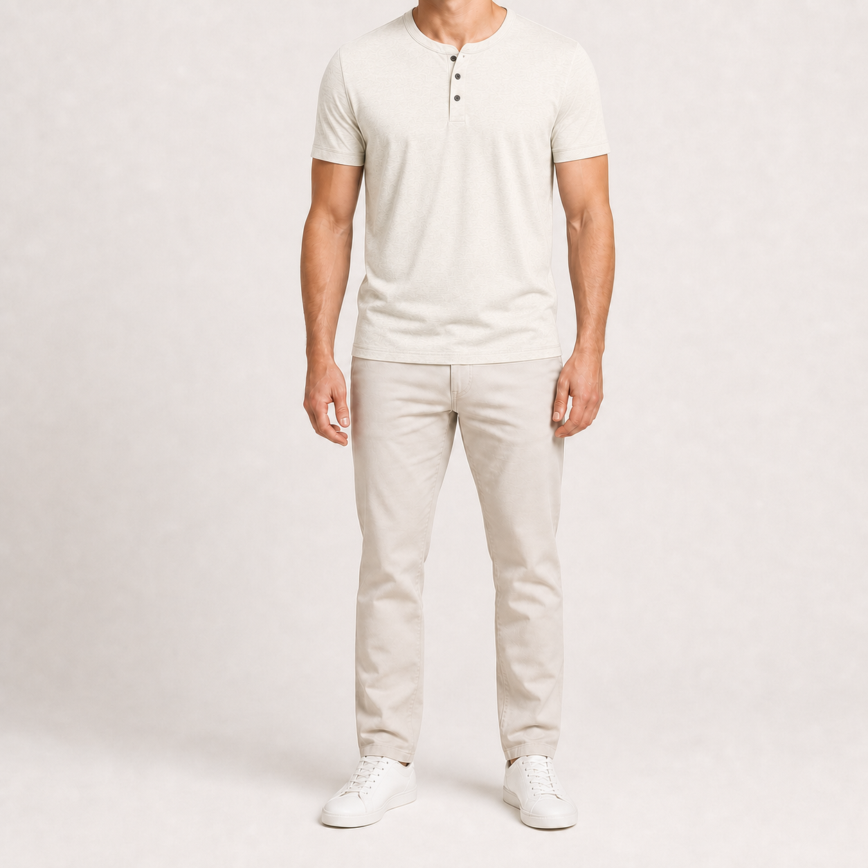 Men's ivory short-sleeve three-button Henley shirt