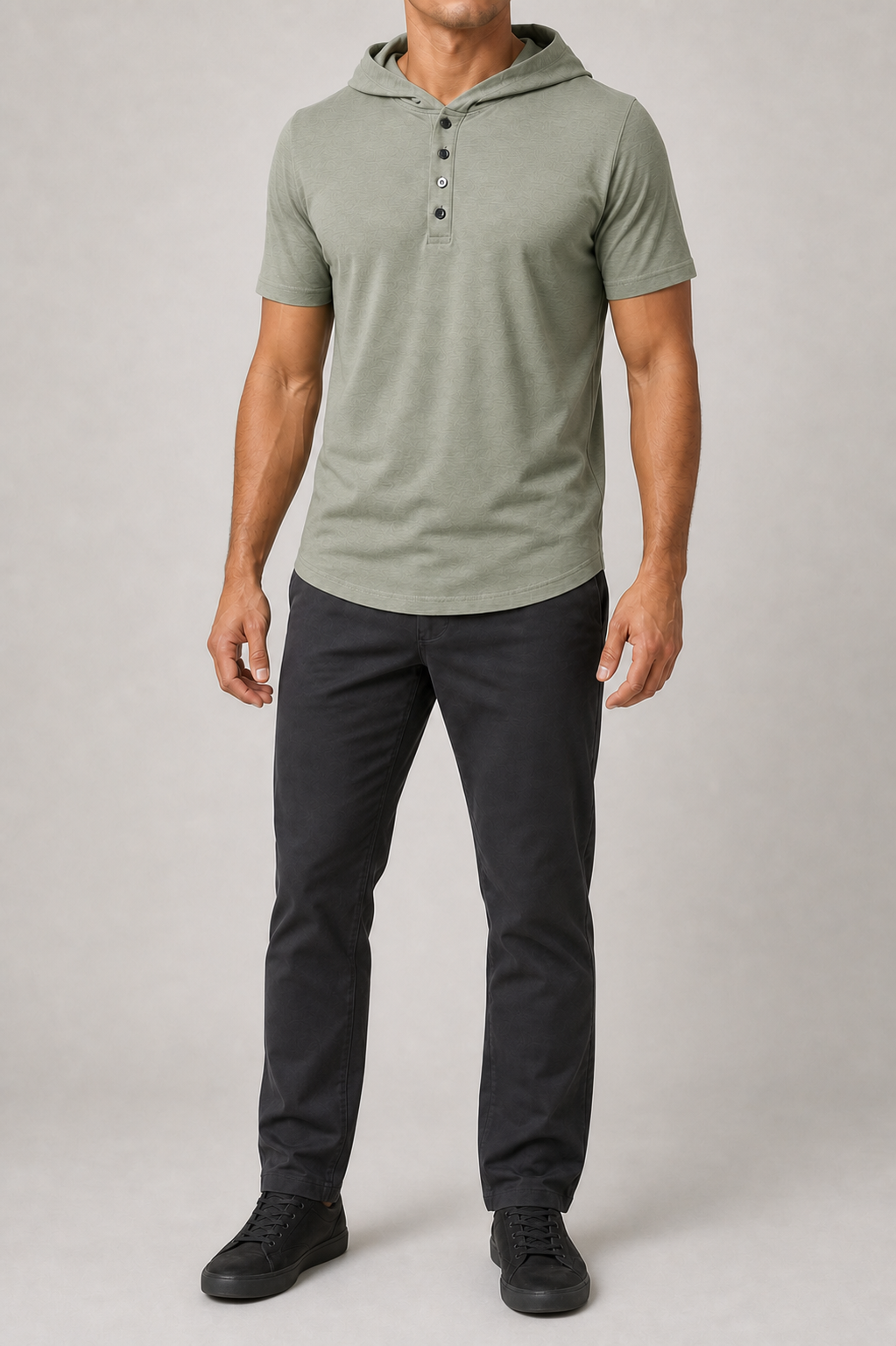 Men's sage short-sleeve hooded Henley