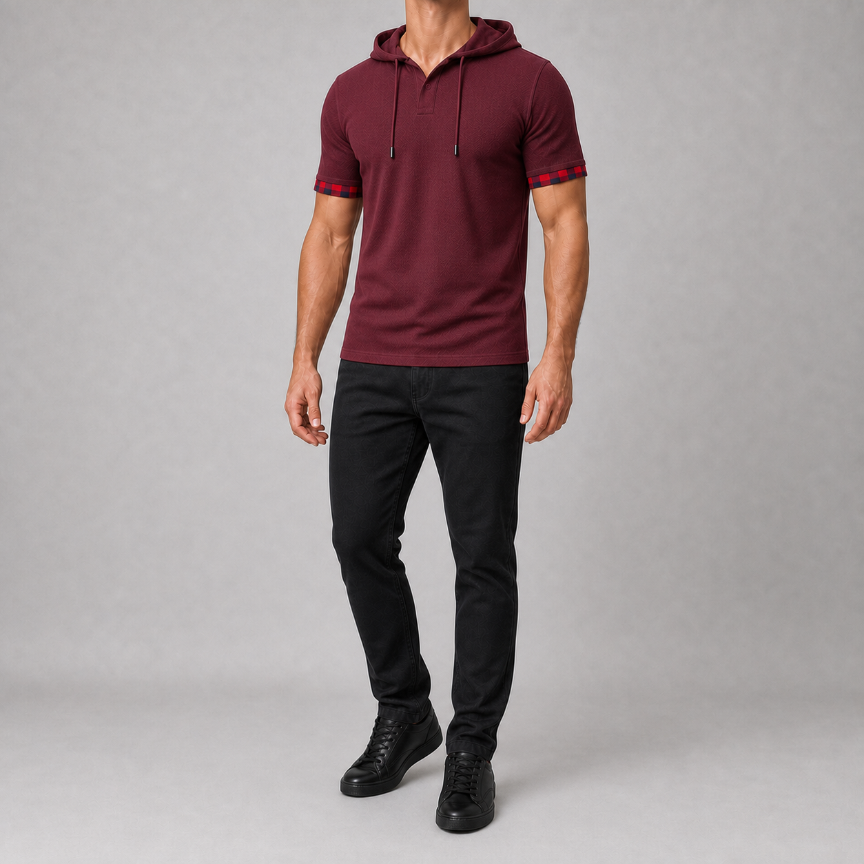 Men's hooded Henley shirt in burgundy