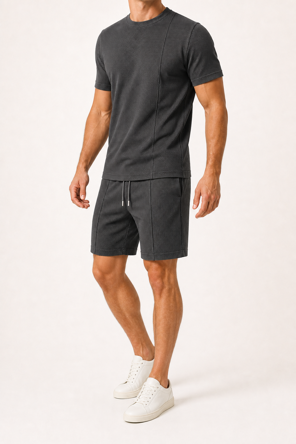 Men's waffle knit shirt and shorts set in charcoal gray